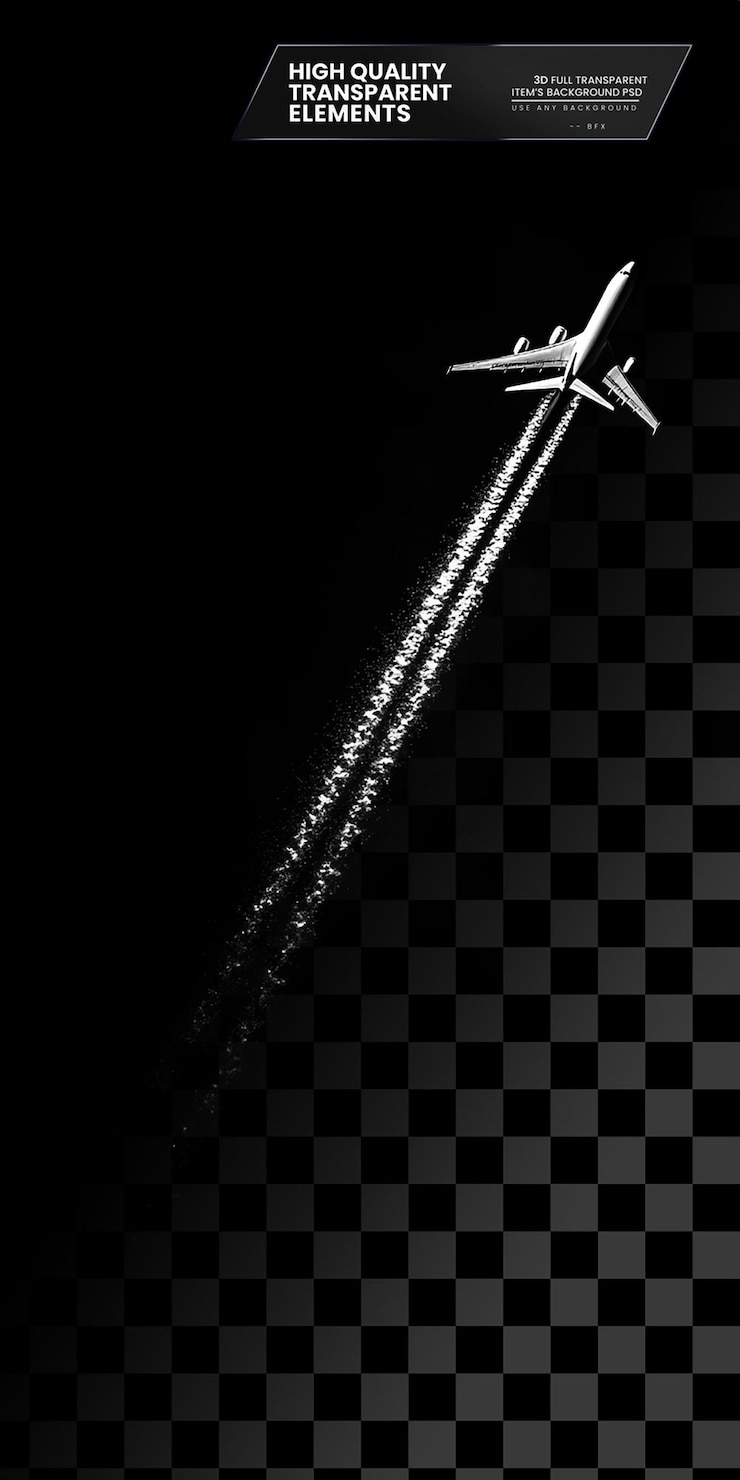 PSD black background with a white plane in the upper section on transparent background
