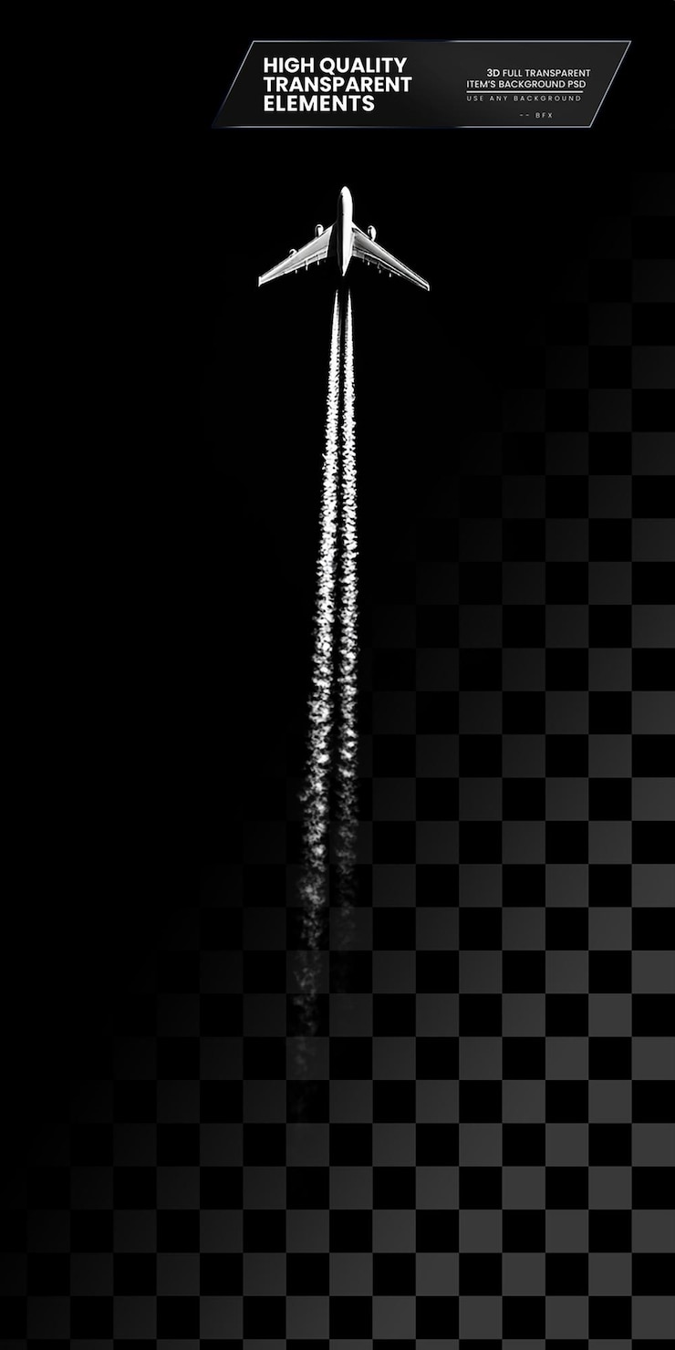 PSD black background with a white plane in the upper section on transparent background
