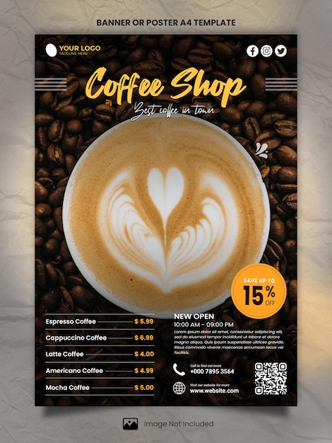 PSD banner nero o modello a4 poster per il menu della caffetteria