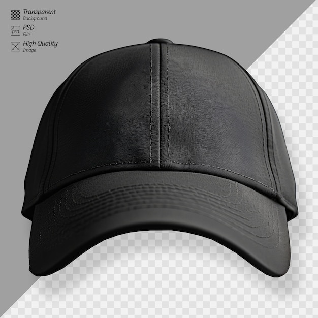 PSD black baseball cap isolated on a transparent background