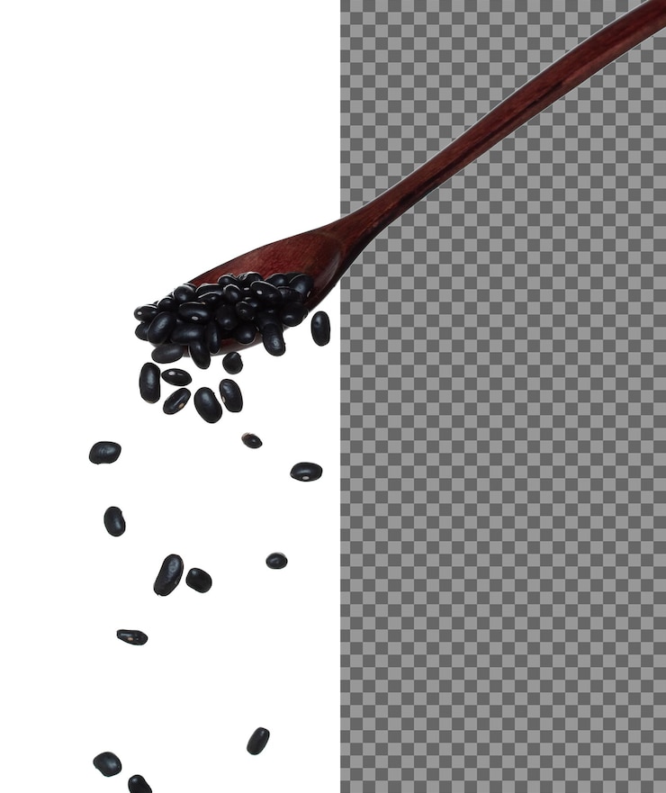 PSD black bean fall black grain beans explode abstract cloud fly from wooden spoon beautiful complete seed pea bean food object design selective focus freeze shot white background isolated