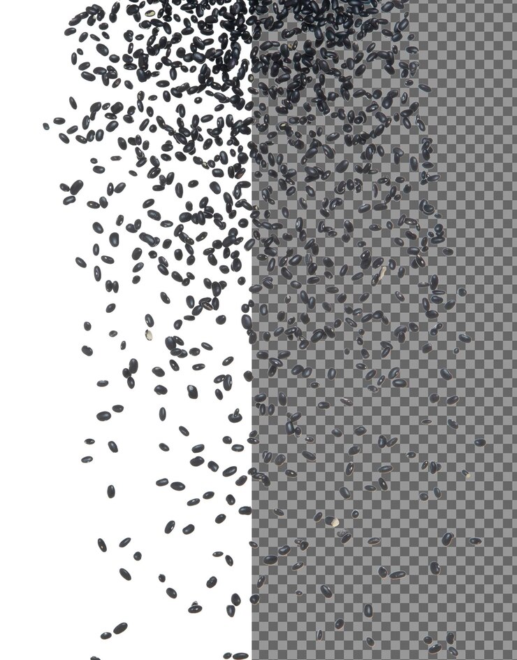 PSD black bean flying explosion black grain beans explode abstract cloud fly beautiful complete seed pea bean splash in air food object design selective focus freeze shot white background isolated