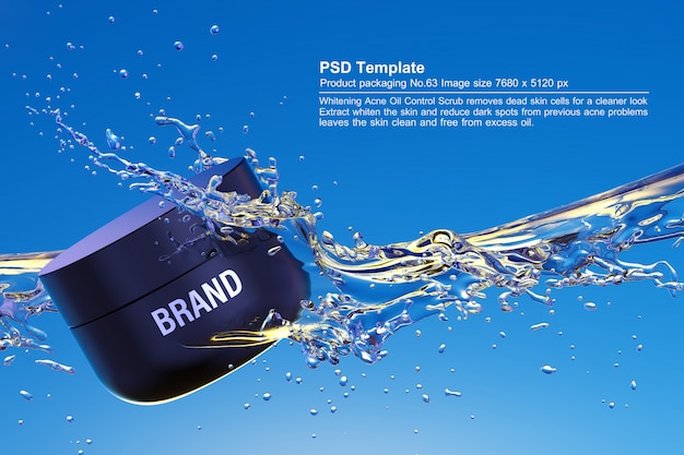 PSD black beauty product in blue water background 3d render