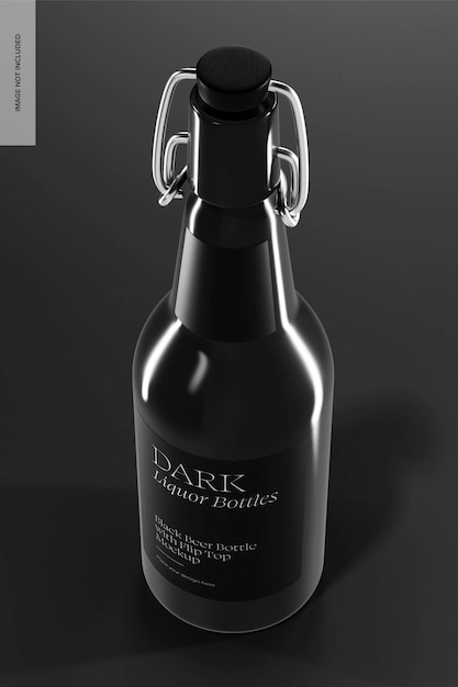 PSD Бутылка черного пива с макетом откидной крышки, вид под высоким углом