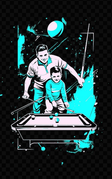 PSD a black and blue poster of a man and a child playing pool