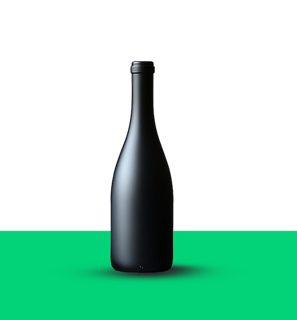 a black bottle of wine sits on a green table