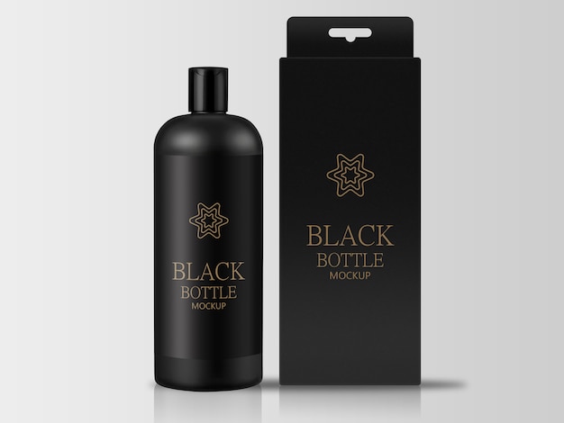 PSD bottiglia nera con scatola di imballaggio mockup