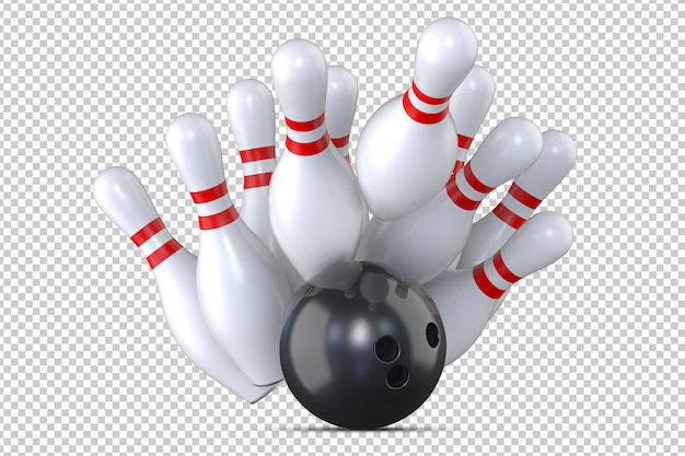 Black bowling ball striking bowling pins