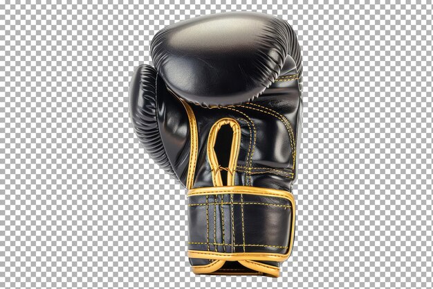 Black boxing glove with yellow stitching displayed against a white 