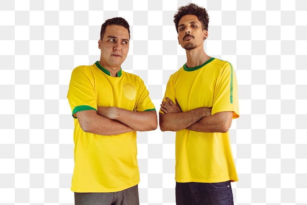 노란색 브라질 셔츠와 깃발을 든 흑인 형제