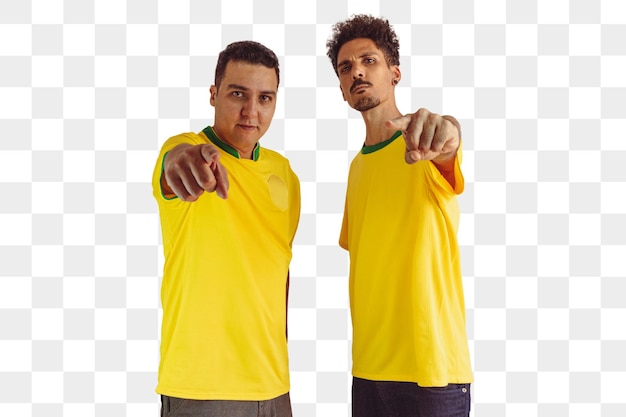 Black Brothers With Yellow Brazilian Shirt and Flag Cheering Isolates