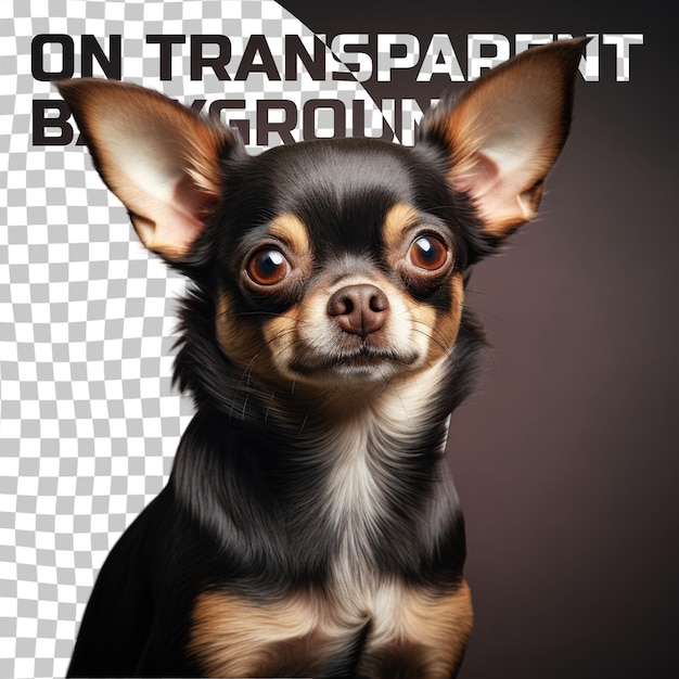 PSD a black and brown chihuahua with a black background that says  a  on the bottom