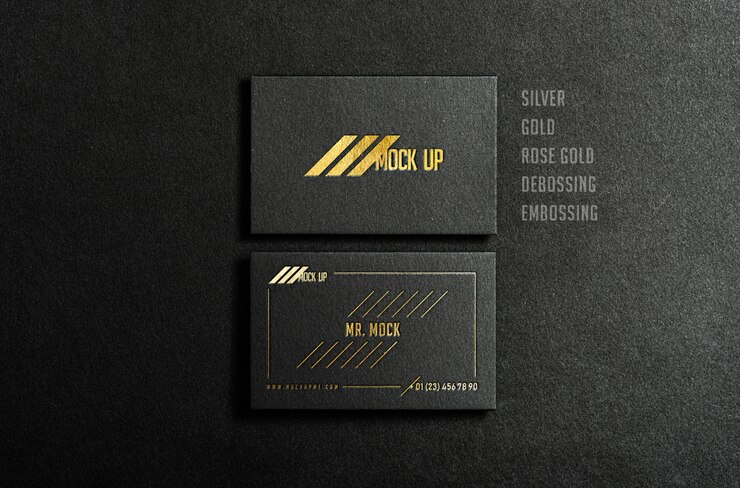 Black business card mock up with golden and silver foil embossing and debossing effect, Premium Psd