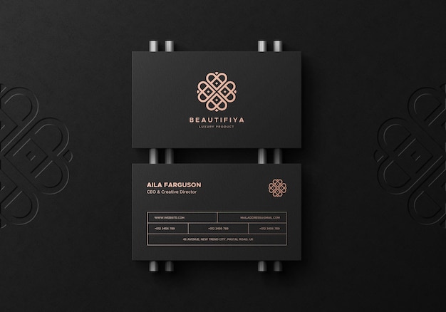 Black business card mockup with deboss logo on background