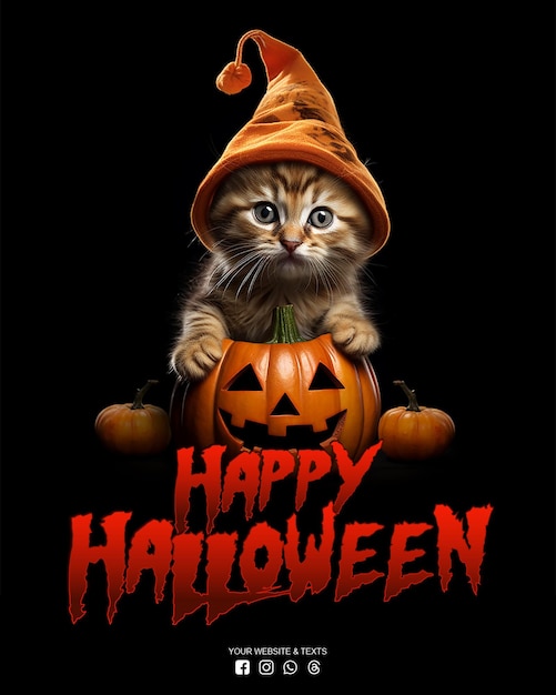 Post sui social media di halloween con il gatto nero e jack o lantern