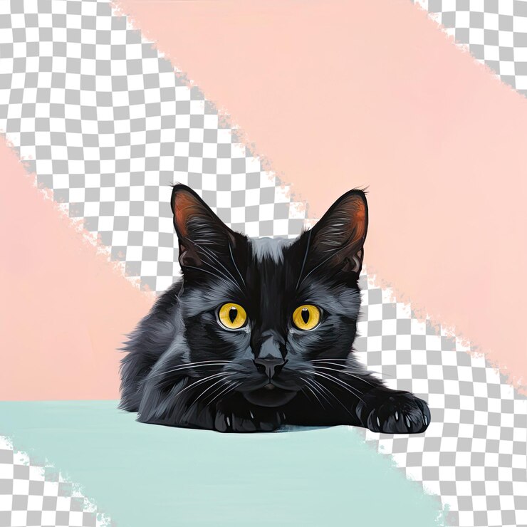 PSD black cat lying on black floor isolated in transparent background