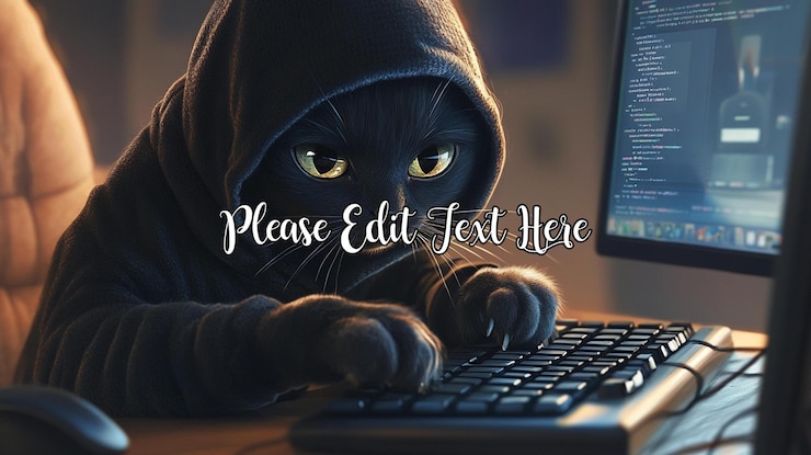 PSD a black cat wearing a hoodie sits at a computer keyboard appearing to type code