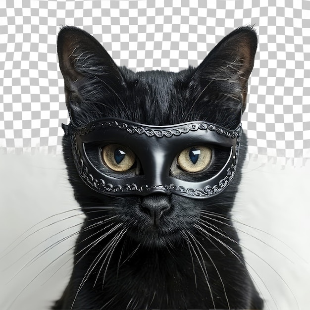 PSD un gatto nero che indossa una maschera che dice la parola su di esso