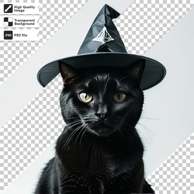 PSD a black cat wearing a witch hat with a triangle on it