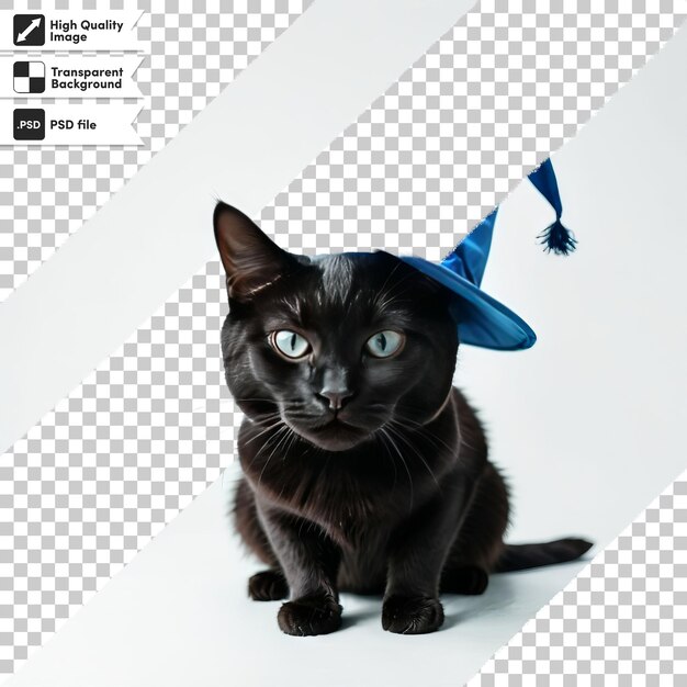 PSD a black cat with a blue hat on its head