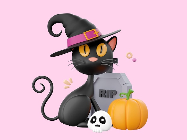 Black cat with grave and pumpkin Halloween theme elements 3d illustration