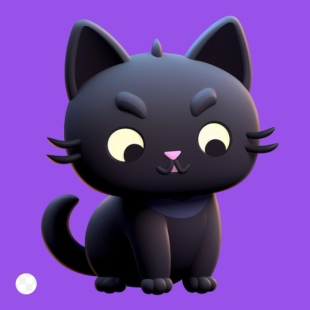 A black cat with long eyelashes sits on a purple background.