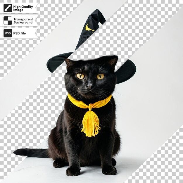 A black cat with a yellow bow and a black hat on it