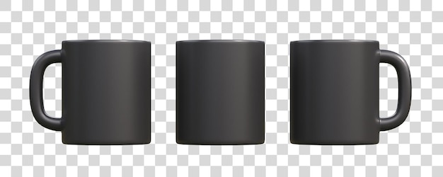 Black ceramic cups or empty mugs for coffee drink or tea on White Background Front view 3D Render