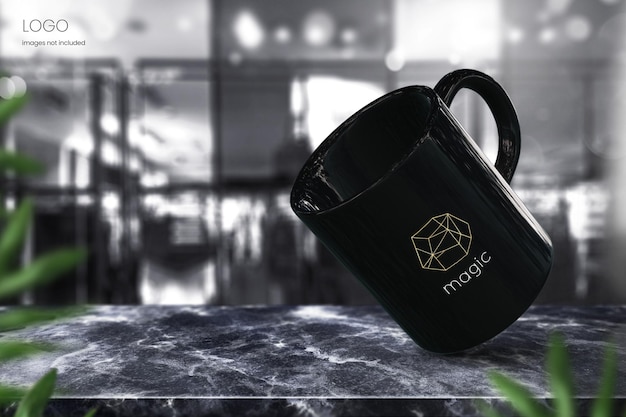 Black ceramic mug mockup on black marble tabletop