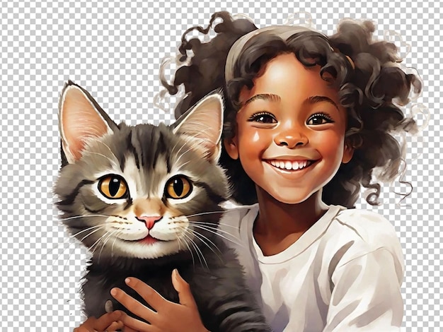 PSD a black child holding cat with a big smile