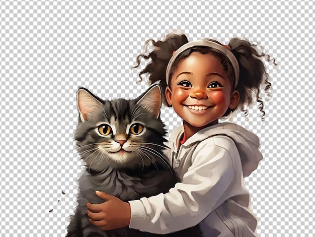 Un bambino nero che tiene un gatto con un grande sorriso