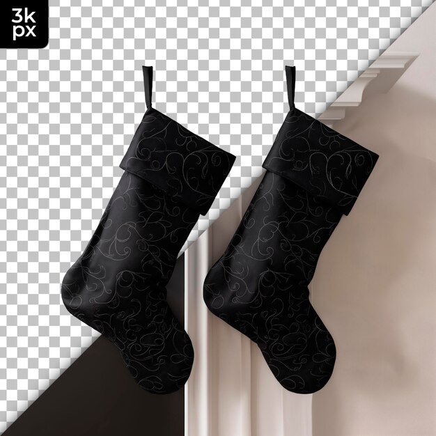 PSD black christmas stockings isolated on transparent background