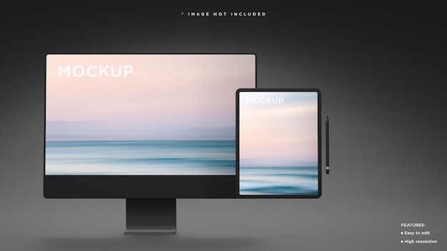 現代の公式プレゼンテーション3dレンダリング用の黒い粘土のデスクトップとタブレットのモックアップ