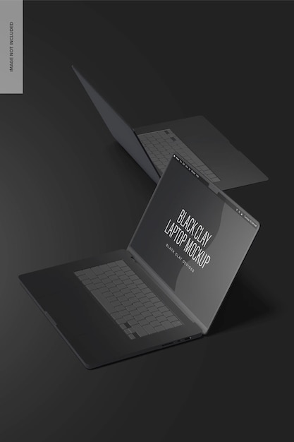 PSD black clay laptop mockup, front and back view