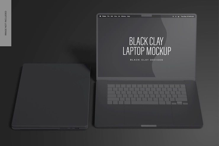 PSD black clay laptop mockup, opened and closed