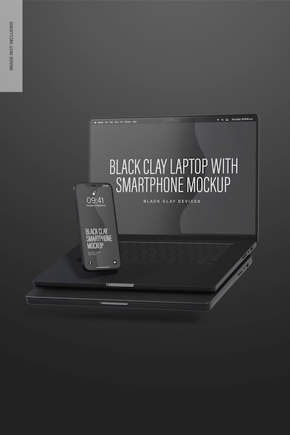 PSD black clay laptop pro with smartphone mockup, falling