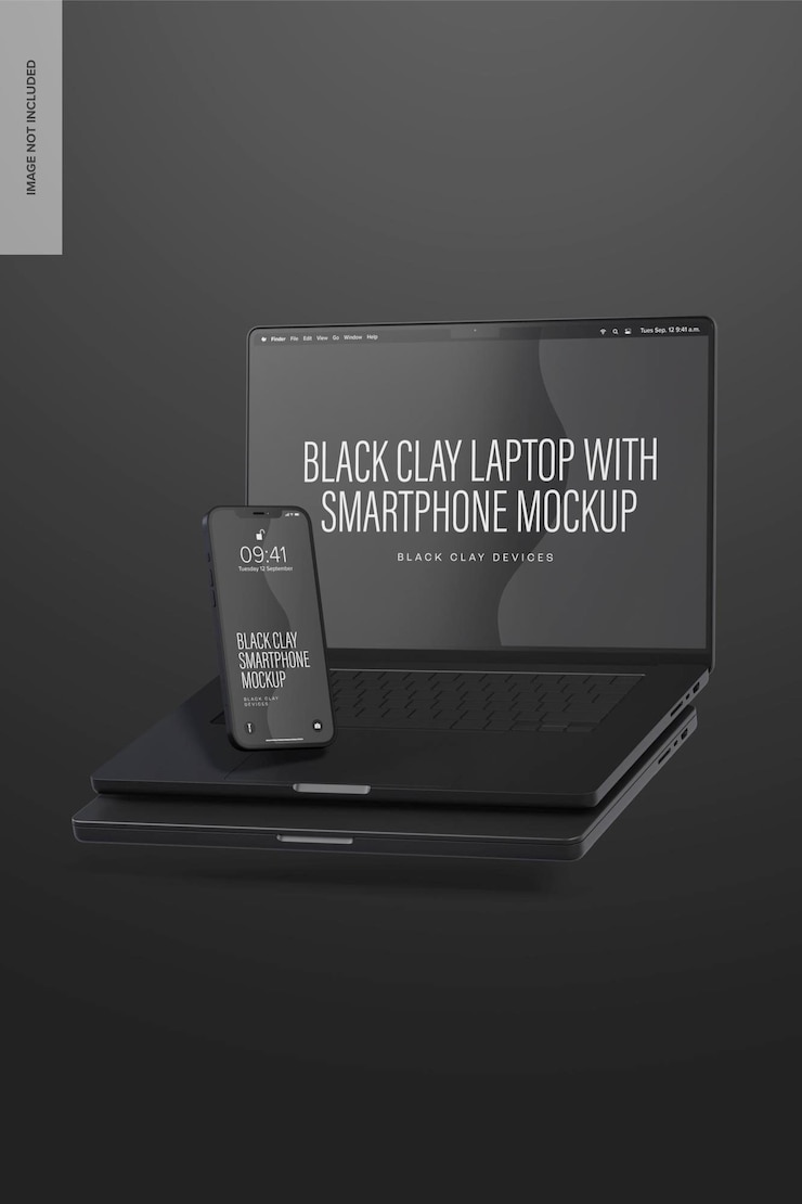 PSD black clay laptop pro with smartphone mockup, falling