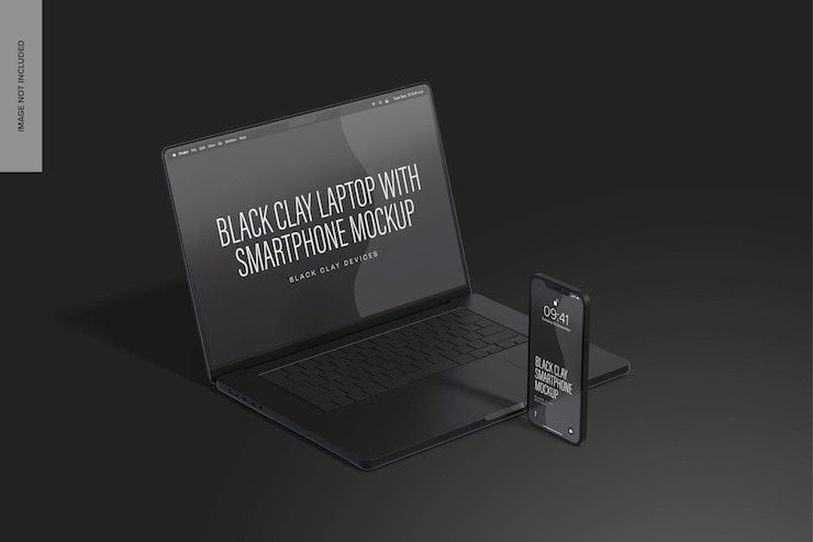 PSD black clay laptop pro with smartphone mockup