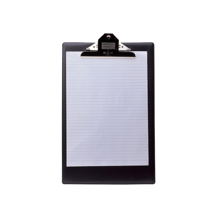 PSD a black clipboard holding a sheet of lined paper ready for notes or documents
