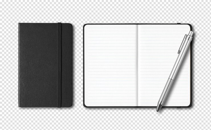 PSD black closed and open lined notebooks with a pen isolated on transparent background