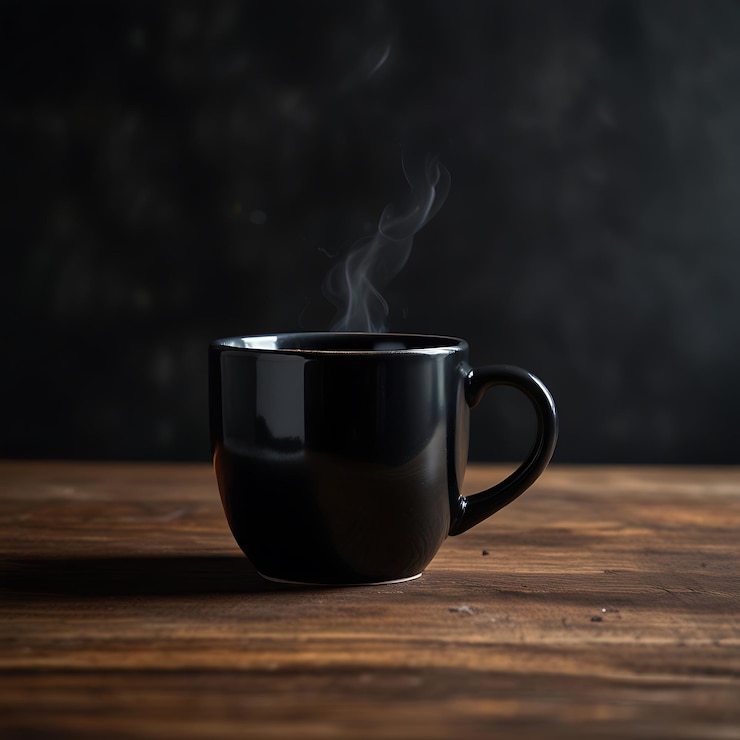 PSD a black coffee cup with steam coming out of it mockup
