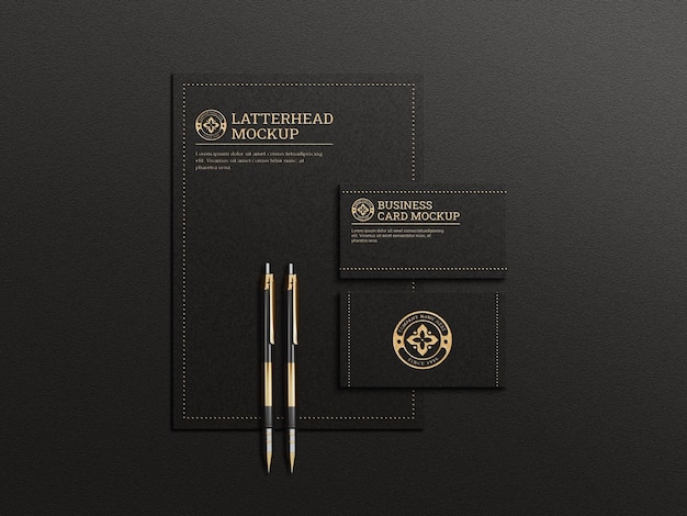 PSD black color stationery mockup with embossed and debossed effect