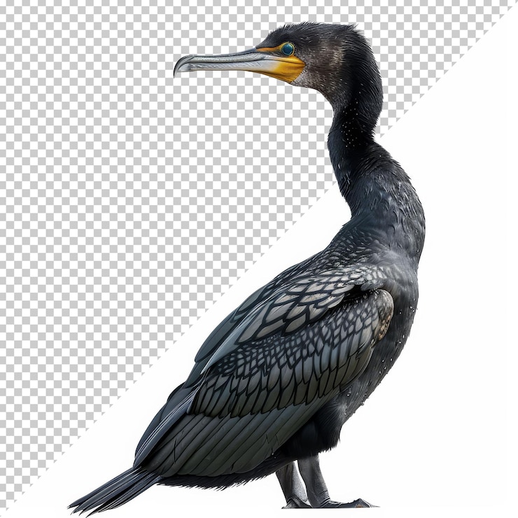 PSD a black cormorant standing gracefully on a white background showcasing its sleek feathers and distinctive coloring