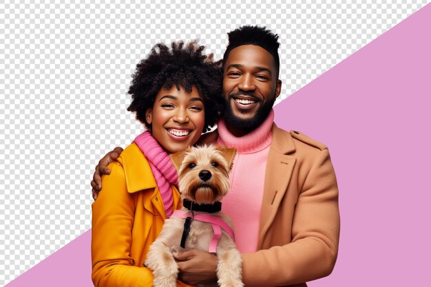 Black couple aged between thirtyfive smiling with their dog caramel