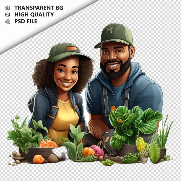 Black couple gardening 3d cartoon style white background