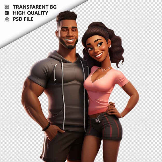 PSD black couple gymming 3d cartoon style white background is