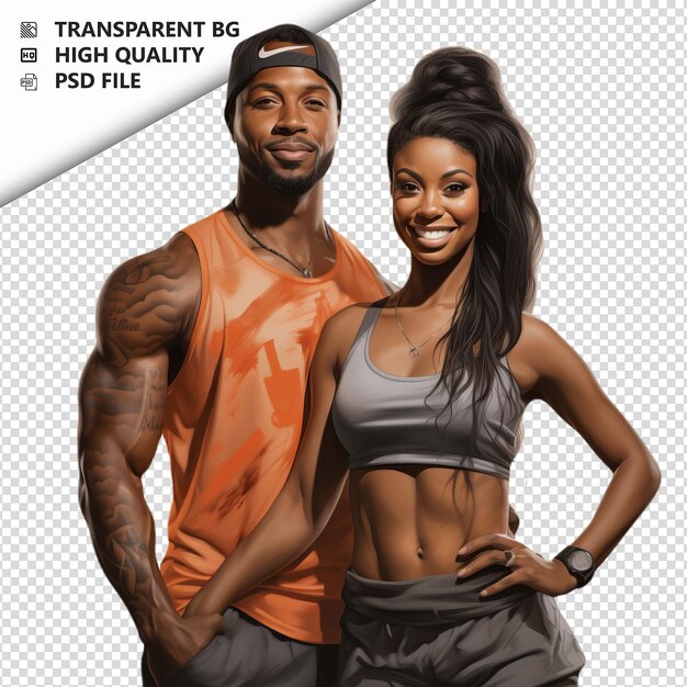 PSD black couple gymming ultra realistic style white backgrou