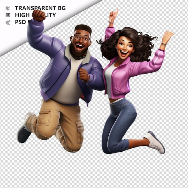 PSD black couple jumping 3d cartoon style white background is