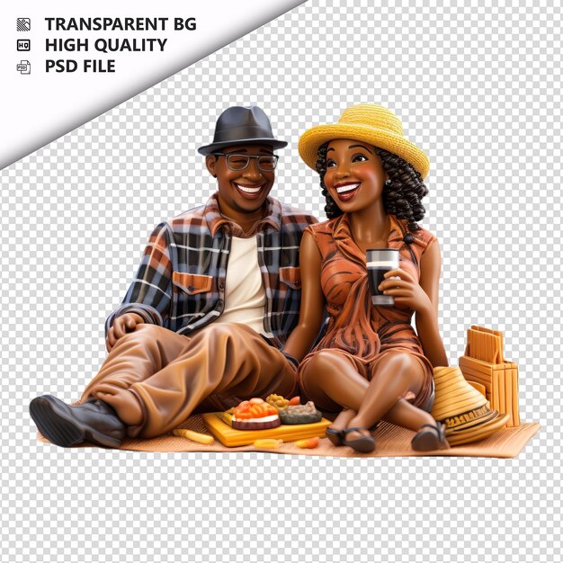 PSD black couple picnicking 3d cartoon style white background