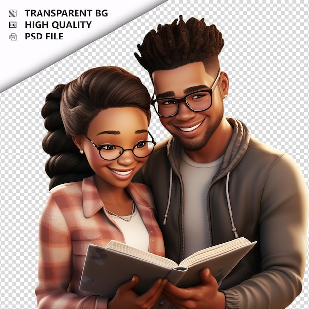 PSD black couple reading 3d cartoon style white background is